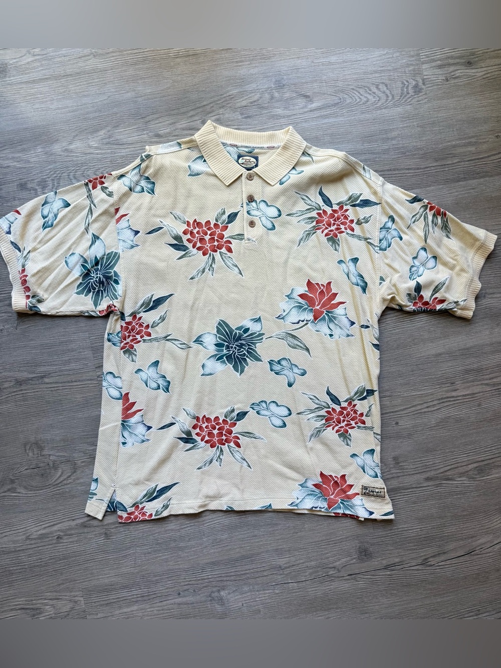 VTG Tommy Bahama Original XL Floral Hawaiian Polo Shirt yellow Tropical Cotton